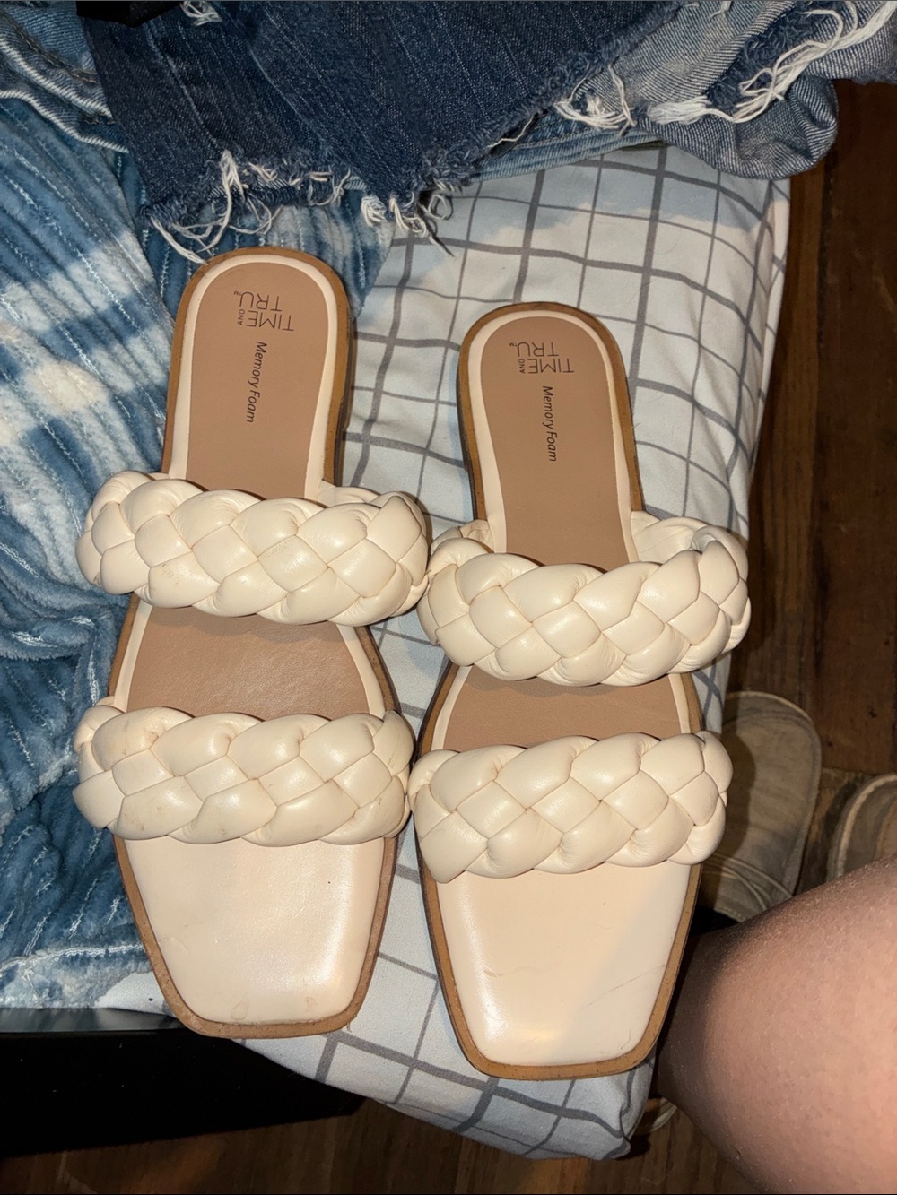 Time and Tru Cream Braided Double-Band Slide Sandals